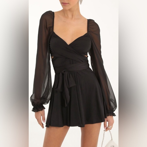 Lucy In The Sky Dress Women's Size Large Black Puff Chiffon Wrap A-Line Mini - Picture 3 of 13